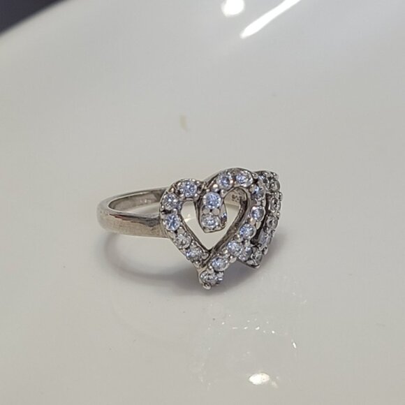 Vintage Sterling Silver Crystal Double Heart Ring 6.25 - Picture 3 of 13
